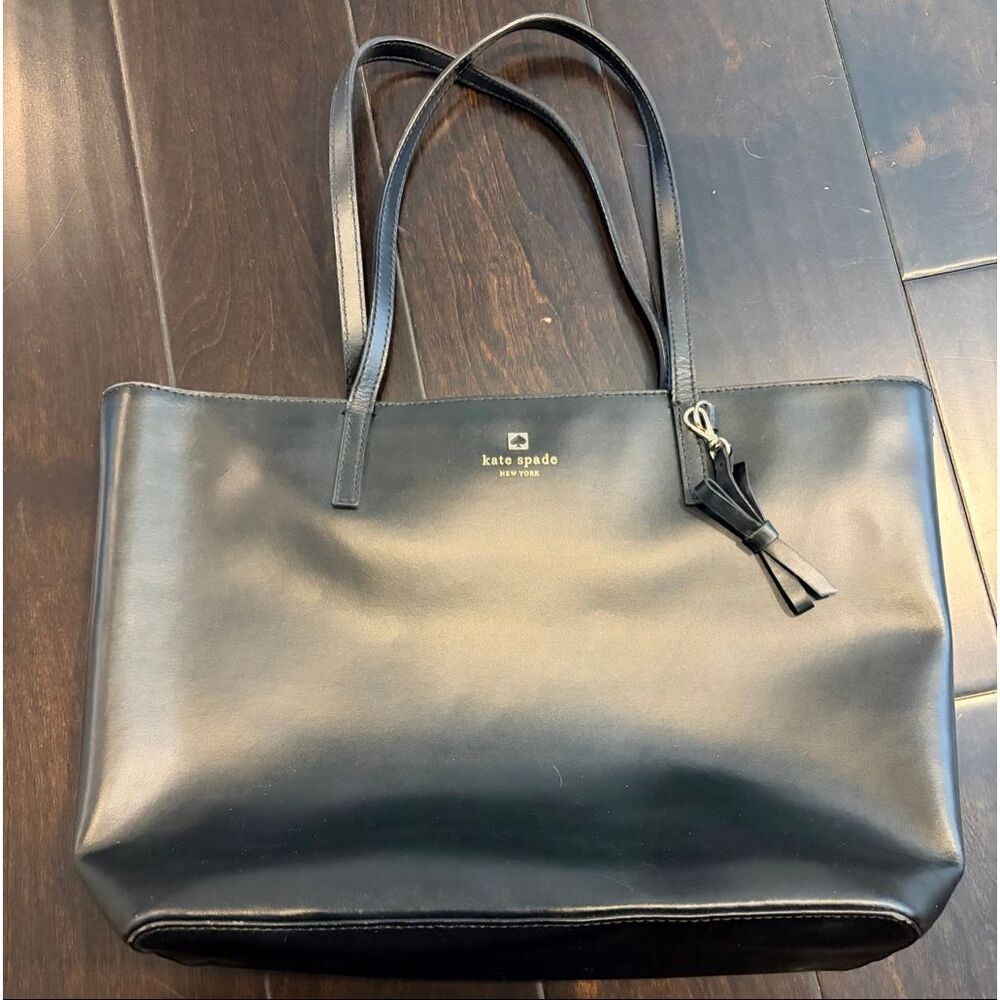 Kate Spade New York Black Leather Tote Shoulder Bag Pink Lining Large Work Bag